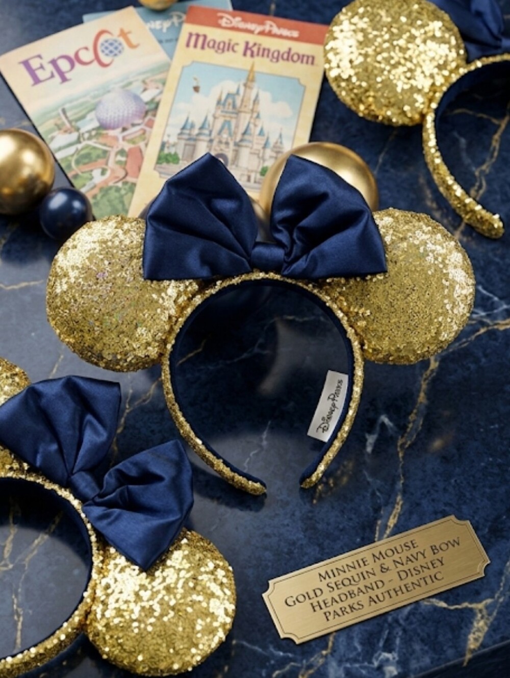 Disney Parks Minnie Mouse Gold Sequin Headband Navy Blue Bow Ears